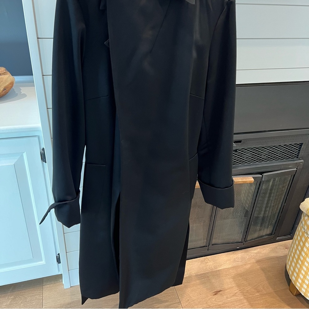 Talbots Satin Full Length Trench Coat French Cuffs Wide Belt XL Black Lined - Picture 12 of 14